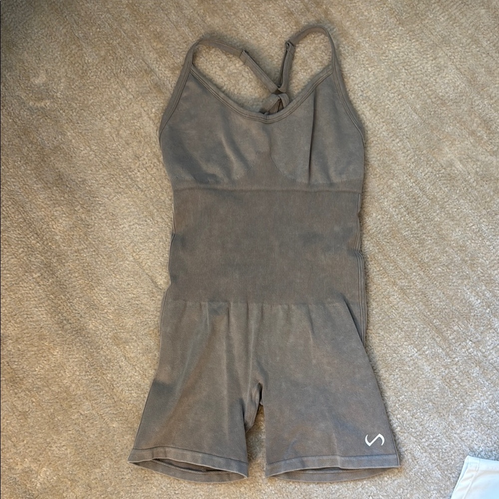 Tan Strappy Scrunch Bottoms Workout Romper